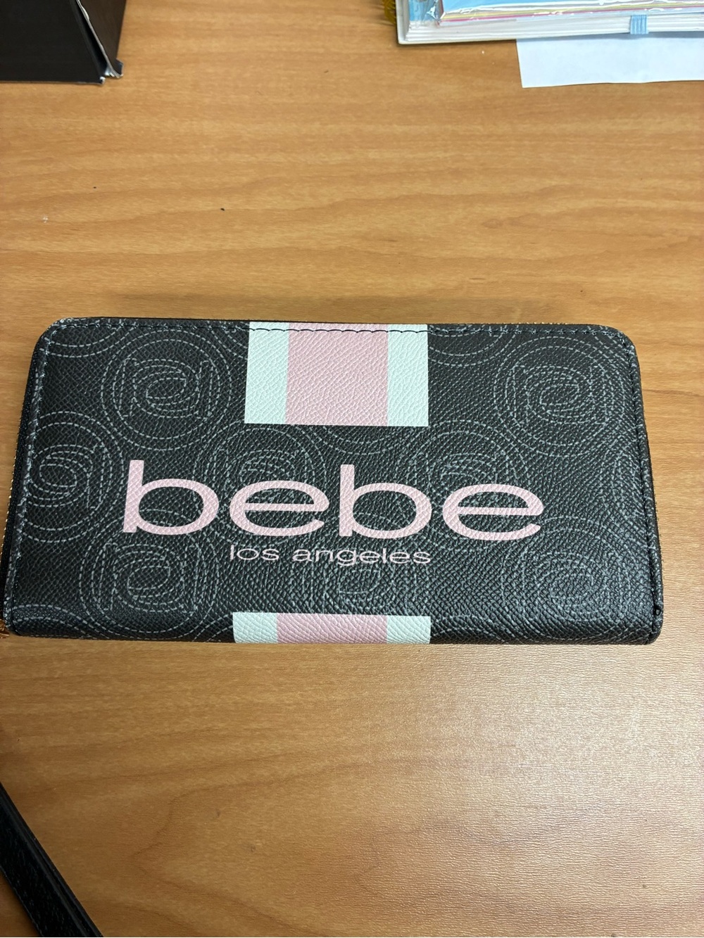 bebe Black Wallet with Pink and Mint Stripe Logo